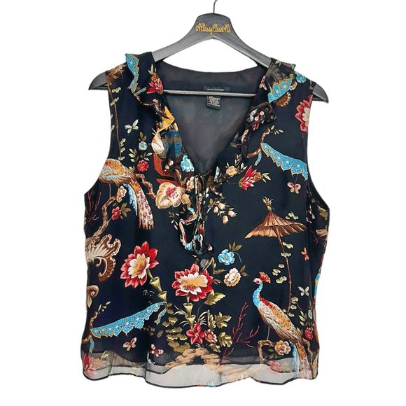 Anne Carson Tops - Anne Carson Silk Black Floral Ruffle Sequin Front Tie Sleeveless Blouse M
